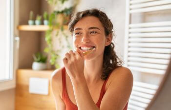 Cheerful young woman brushing her teeth.